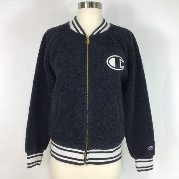 Champion Sherpa bomber jacket Womens S black spell out collegiate Preppy Cropped - Picture 2 of 15